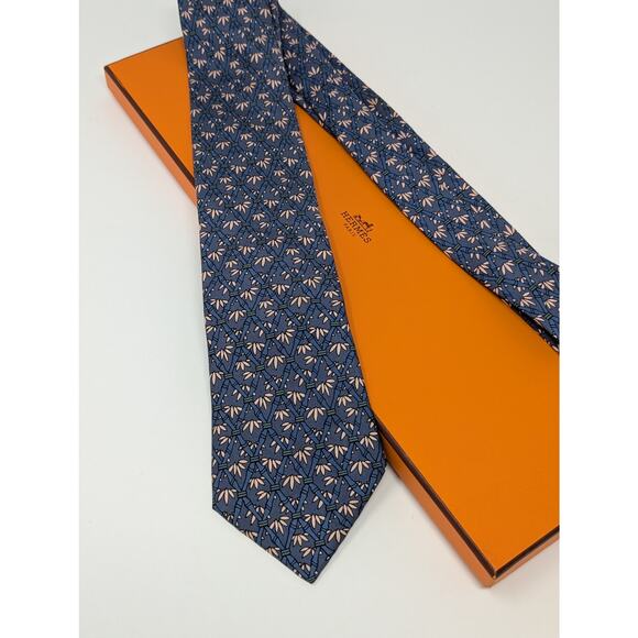 Hermes Paris 100% Silk Bamboo Trees Neck Tie Blue Business Classic - Picture 9 of 9